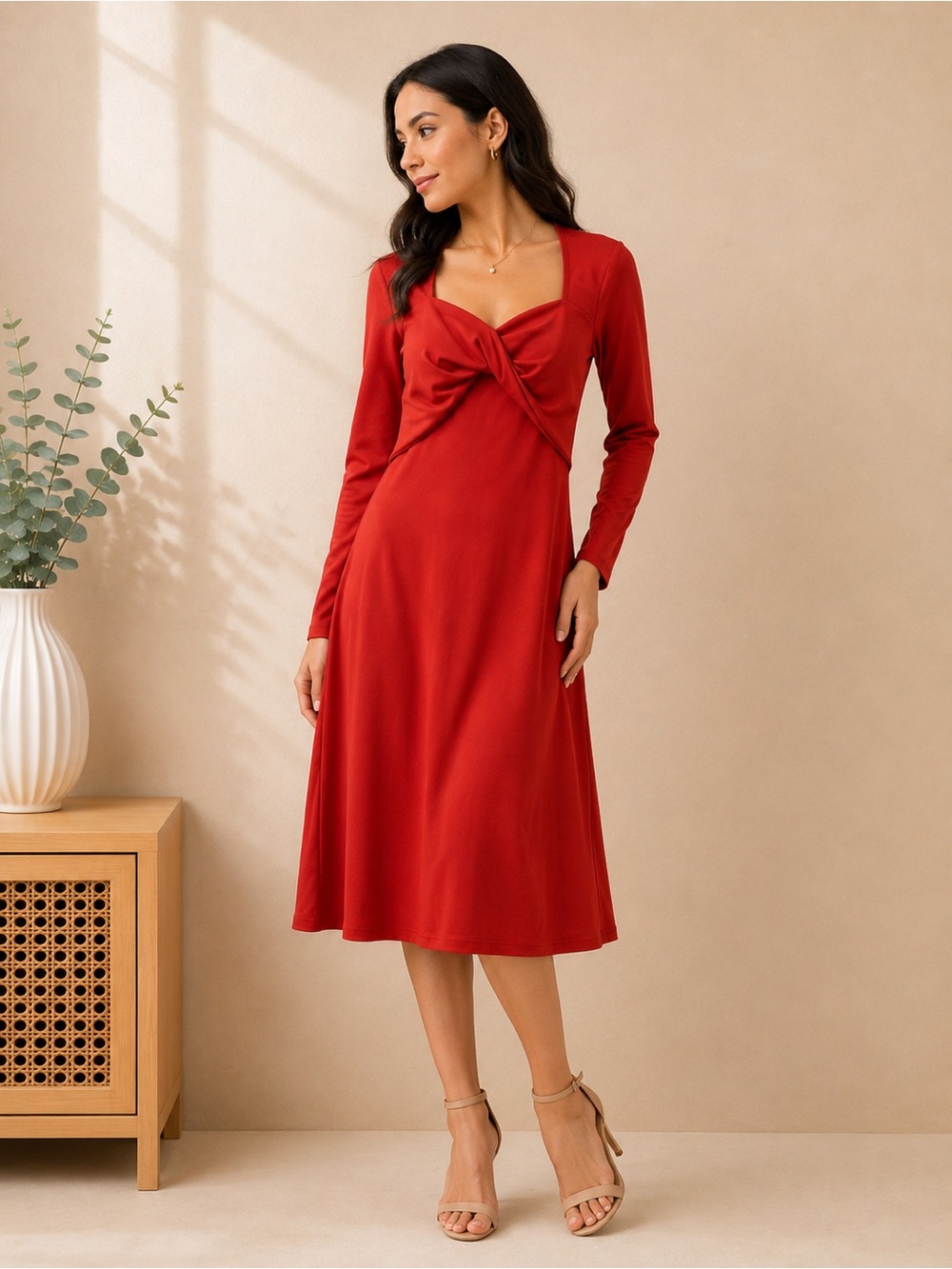 Dual Nature Red Long Sleeve Twist Front Midi Dress Women’s Size Small